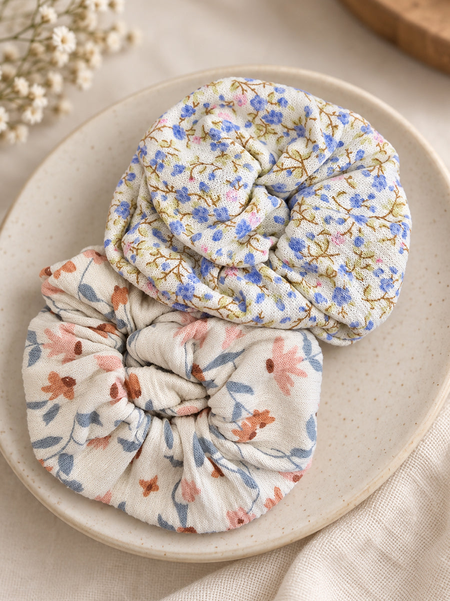 Ziva Moms Floral Bow Hair Band – Pink & Blue Blossom Print | Soft Fabric Scrunchie-Style Hair Band | 2 Piece Combo
