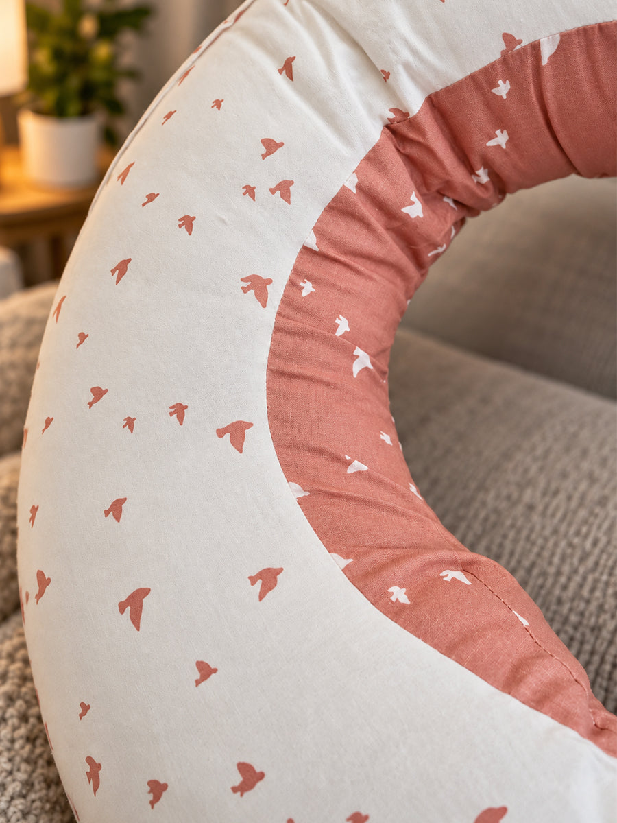 Ziva Multipurpose Feeding Pillow – White & Peach Pink with Reversible Bird Print | 100% Cotton Cover | Removable & Washable