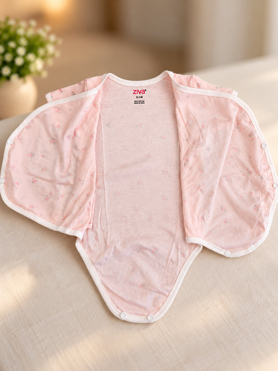 Ziva Baby Romper – Premium Knitted Cotton Overlap Style – Pack of 3 | Ivory Butterfly, White Pink Floral & Blush Pink Mini Floral Assorted Prints