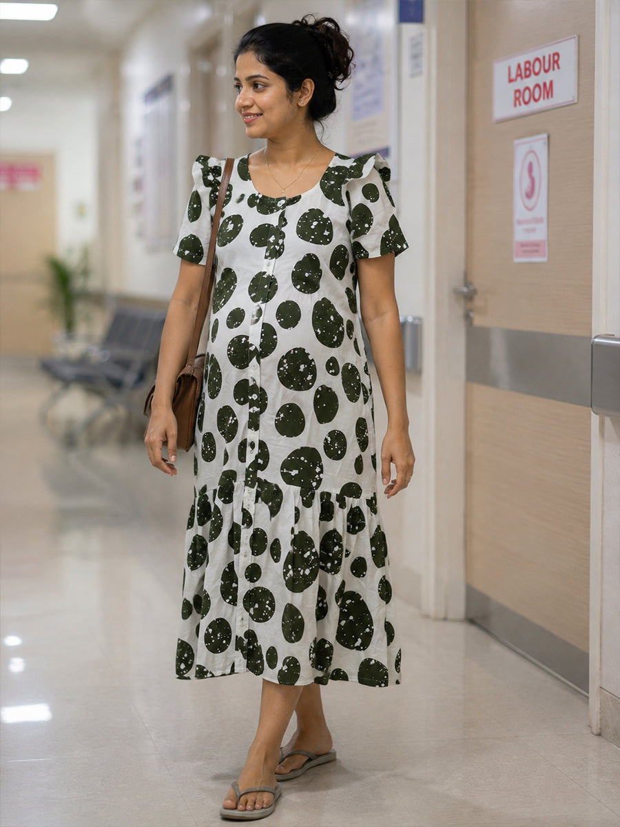 Ziva Maternity & Feeding Cotton Full-Open Short Nighty with Side Pocket – Dark Greenish Grey & Off White Irregular Spot Print