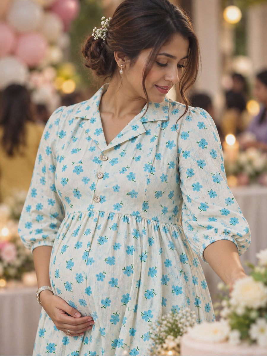 Ziva Premium Cotton Seersucker Maternity & Feeding Dress with Notched Collar, Concealed Zips & Side Pocket | Soft Cream Aqua Blue Floral