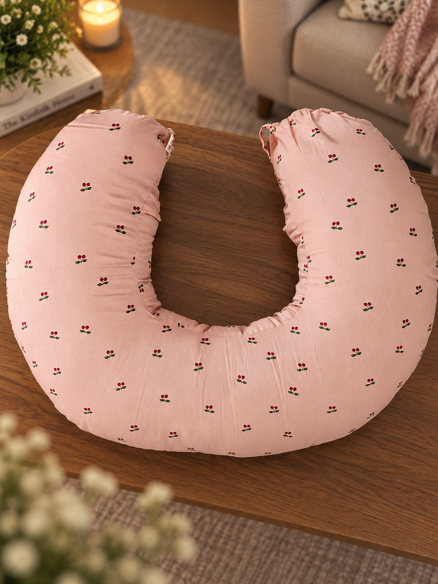 Ziva Multipurpose Feeding Pillow – Premium Organic Cotton | Light Brown with Tiny Cherry Print | Removable & Washable Cover