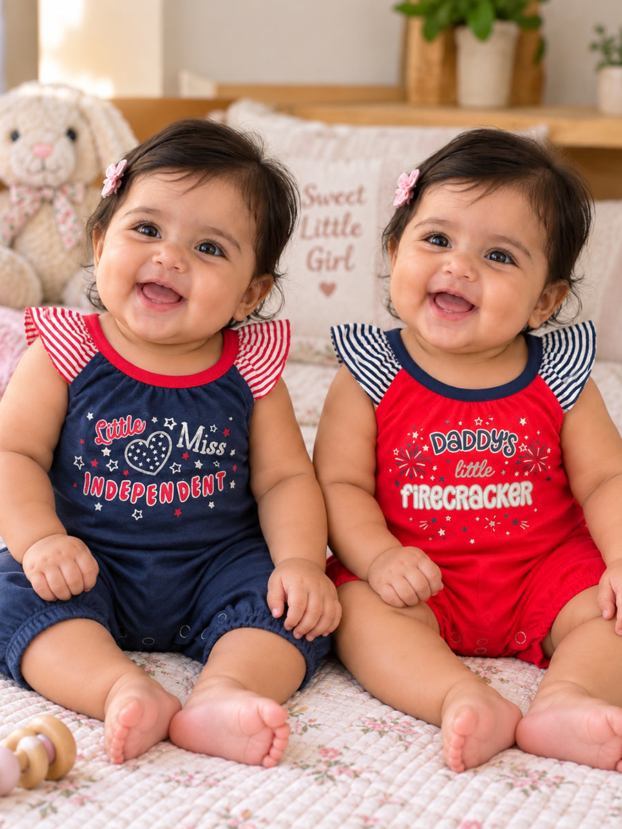 Baby Girl Premium Knitted Cotton Jumpsuit Combo – Navy Blue & Red | Flutter Sleeves | Press-Button Open | 0–3 to 18–24 Months |Ziva Collected | Carefully Selected for Your Little One