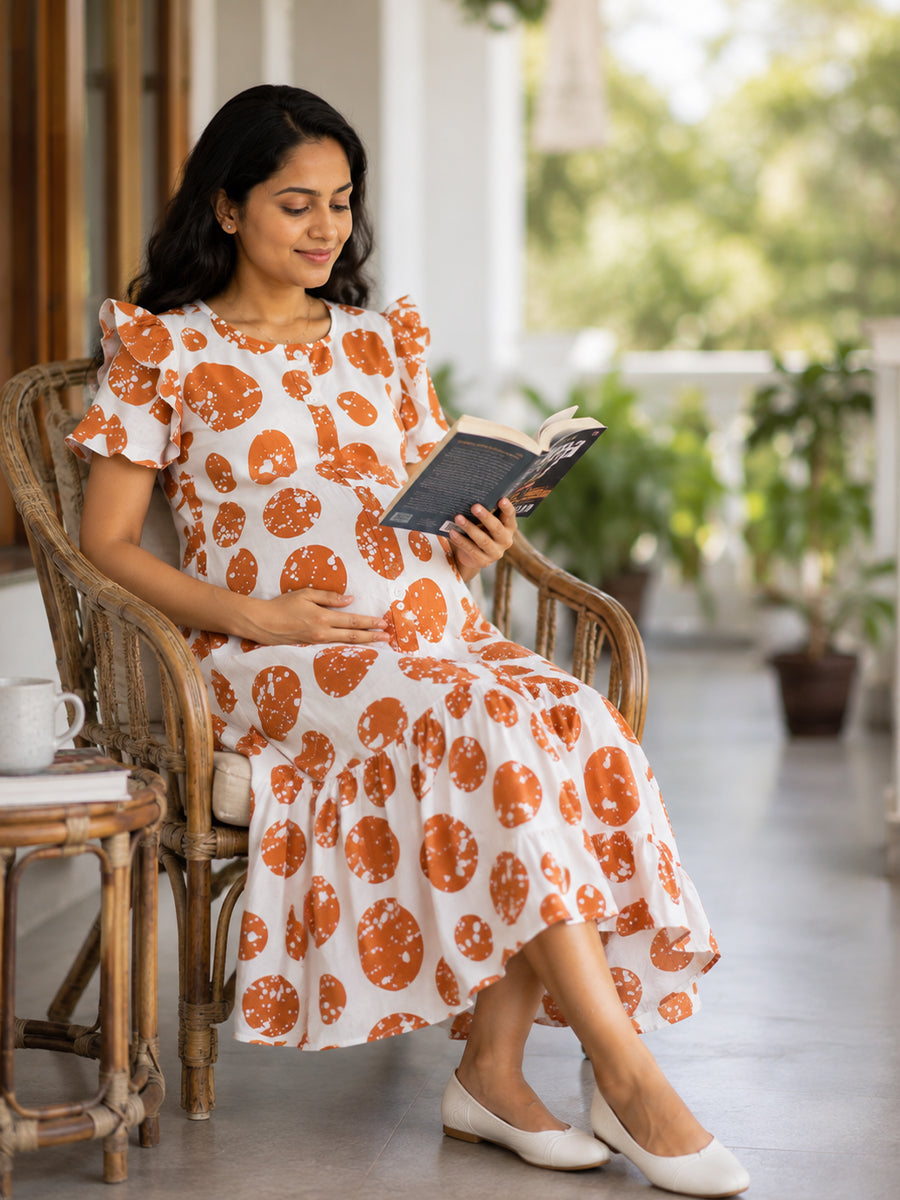 Ziva Maternity & Feeding Cotton Full-Open Short Nighty with Side Pocket – Orange & Off White Irregular Spot Print