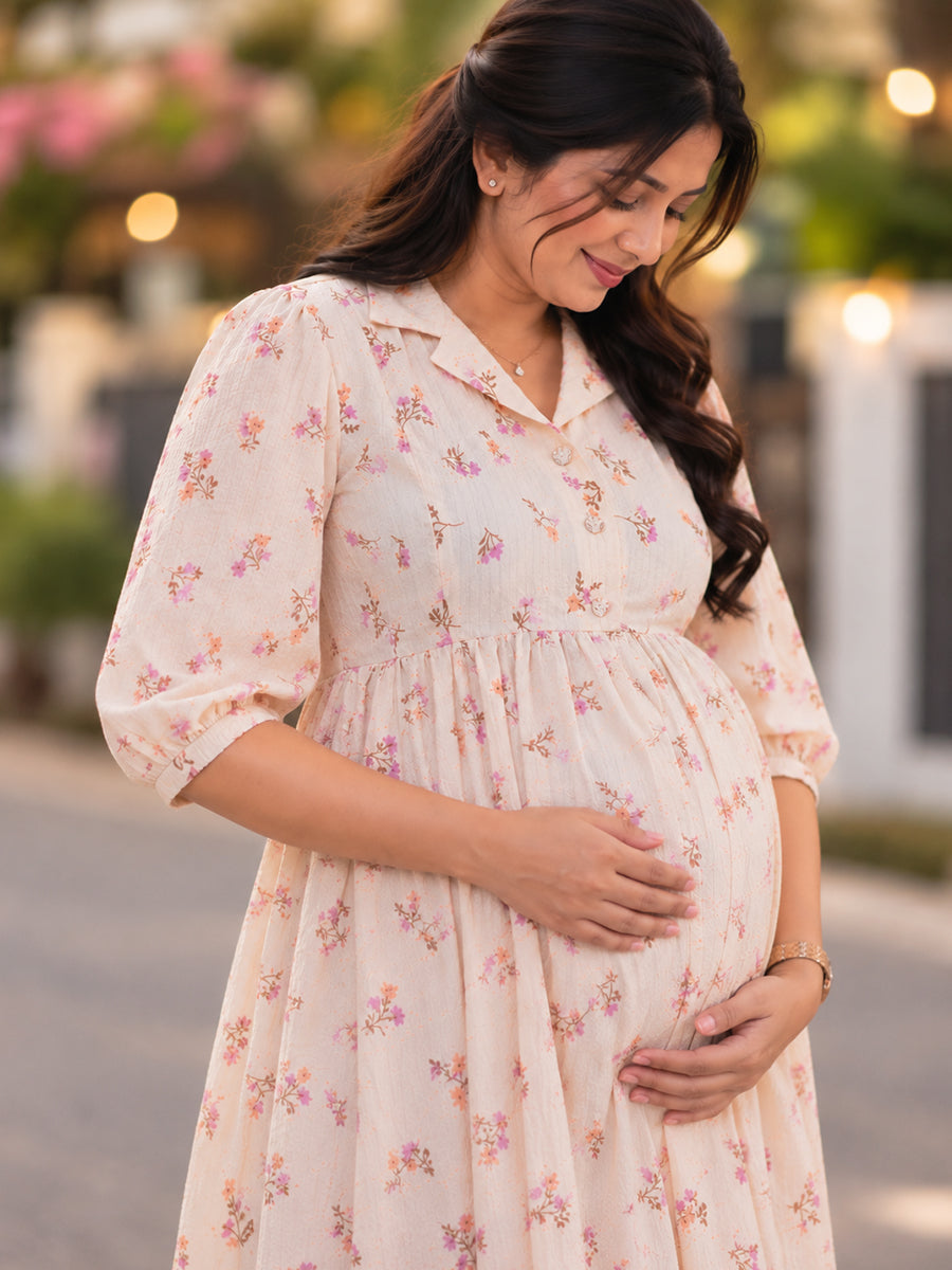 Ziva Premium Cotton Seersucker Maternity & Feeding Dress with Notched Collar, Concealed Zips & Side Pocket | Natural Ivory Multicolour Botanical Floral