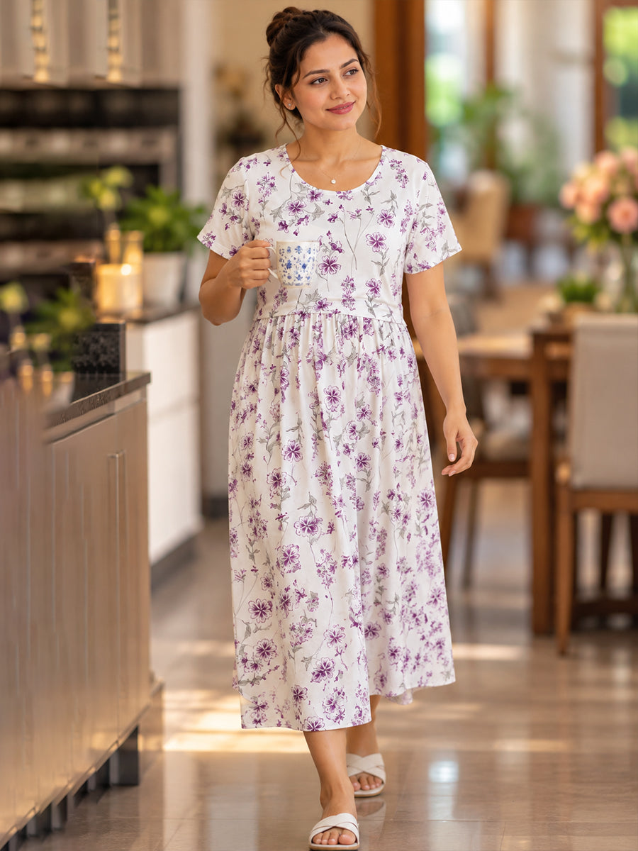 Ziva Zipless Maternity & Feeding Knitted Dress with Adjustable Waist Tie & Side Pocket | Soft White Purple Floral Print