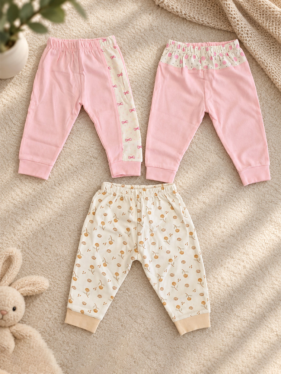 Baby Knitted Cotton Pants Combo – Pack of 3 | Assorted Pink & Floral Print | 3–6 Months | Ziva Collected | Carefully Selected for Your Little One