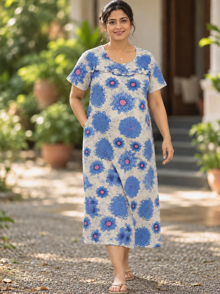 Ziva Maternity & Feeding Cotton Short Nighty – Concealed Feeding Zips & Side Pocket | Cornflower Blue Floral Print