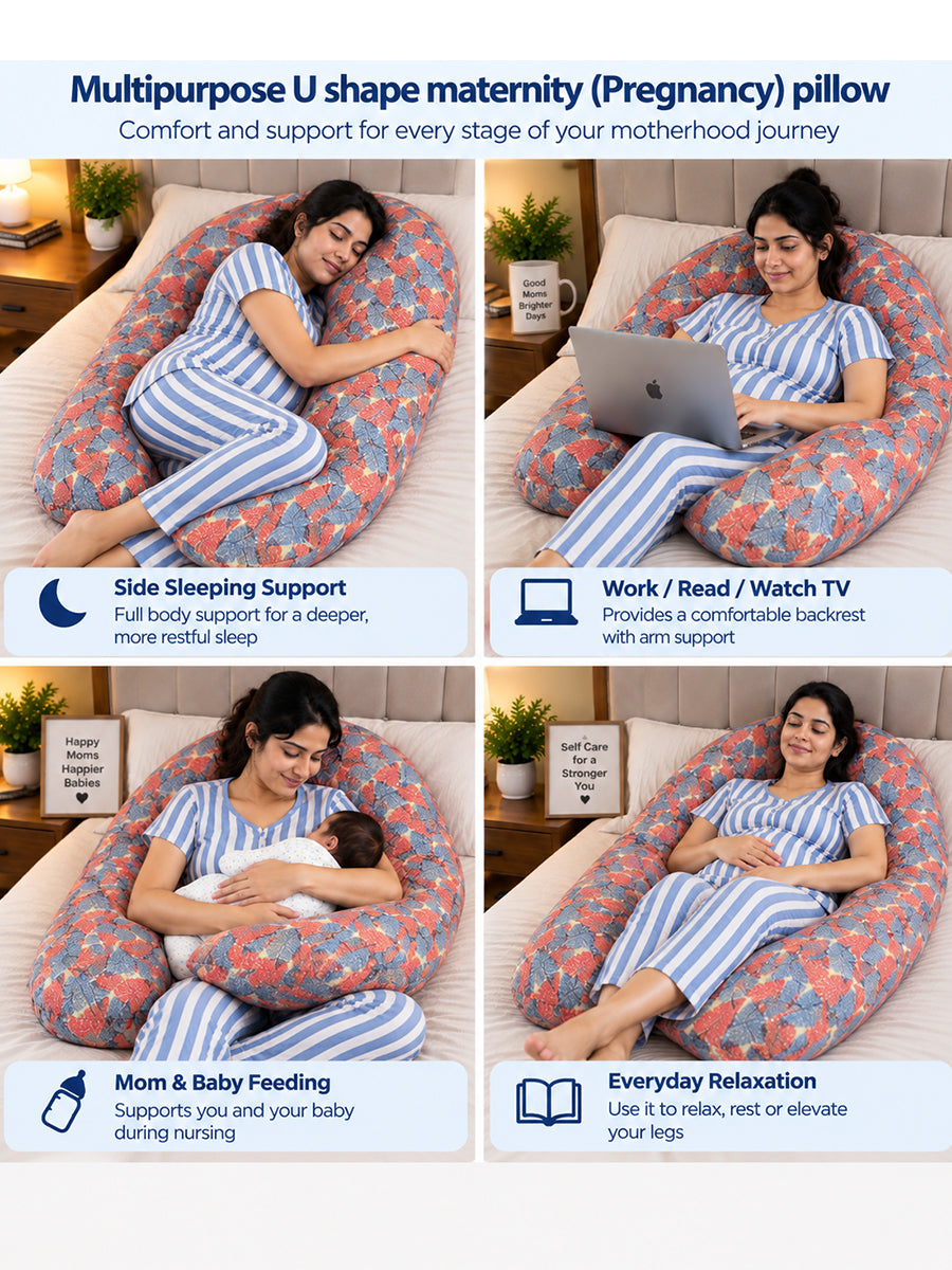 Ziva Multipurpose Pregnancy Pillow / Maternity Pillow / Body Pillow – U Shape – Red & Blue Leaf Print | 100% Cotton