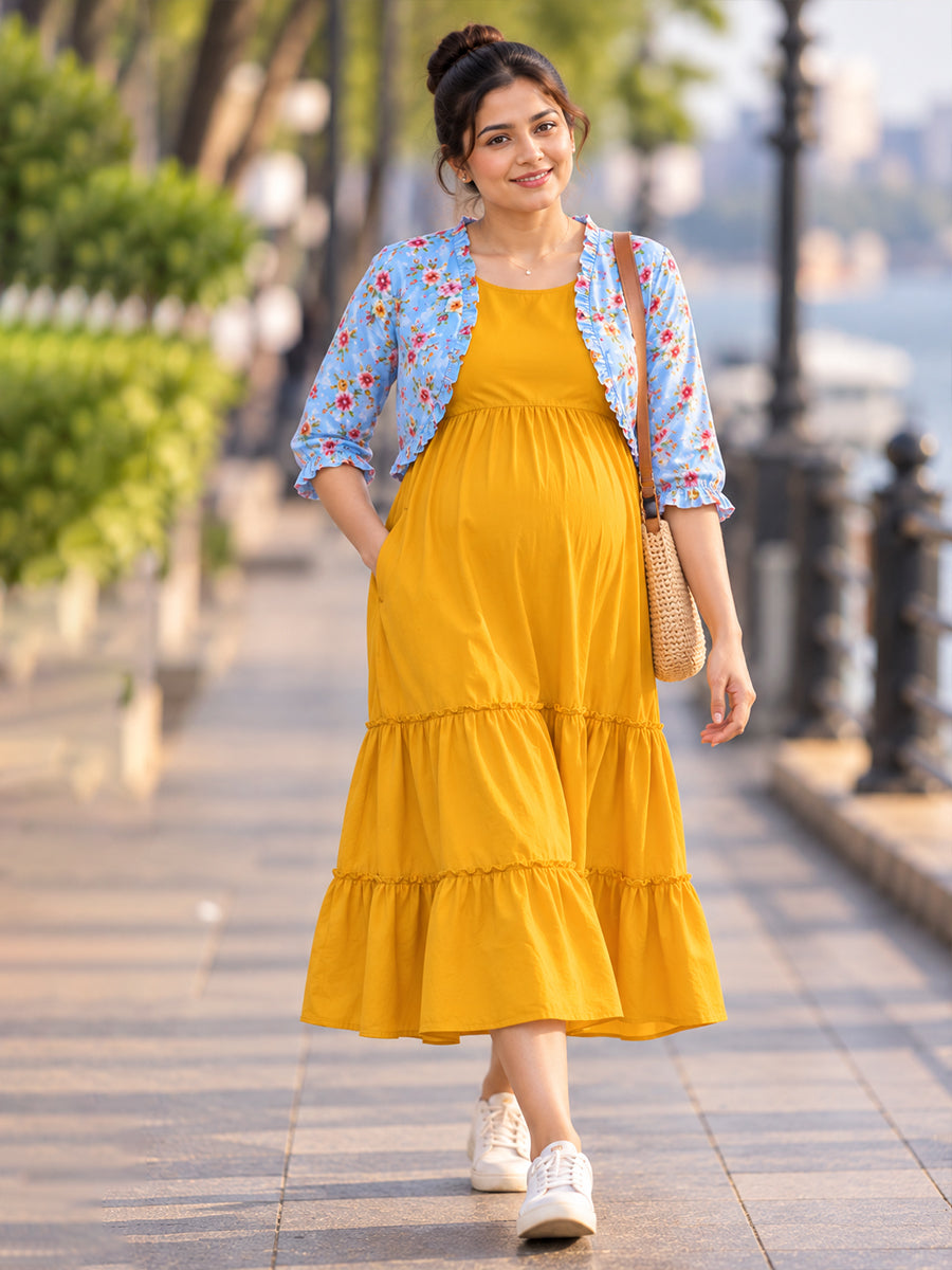 Ziva Maternity & Feeding Sleeveless Dress with Frill-Detail Floral Jacket | Dark Orange Yellow & Sky Blue Floral