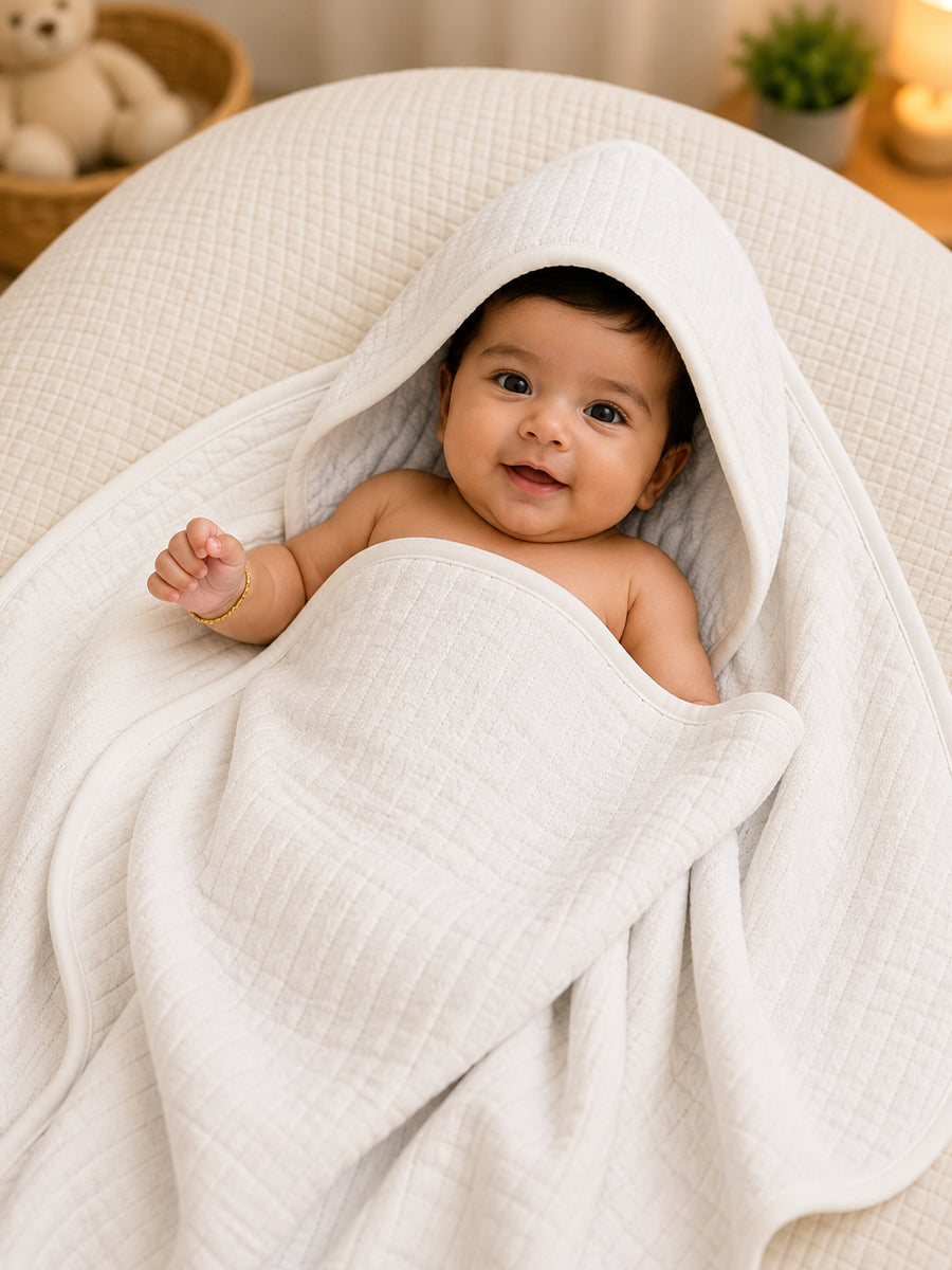 Ziva Premium Quilted Hooded Baby Towel | Off White | Plain Colour | Soft, Absorbent & Quick Dry