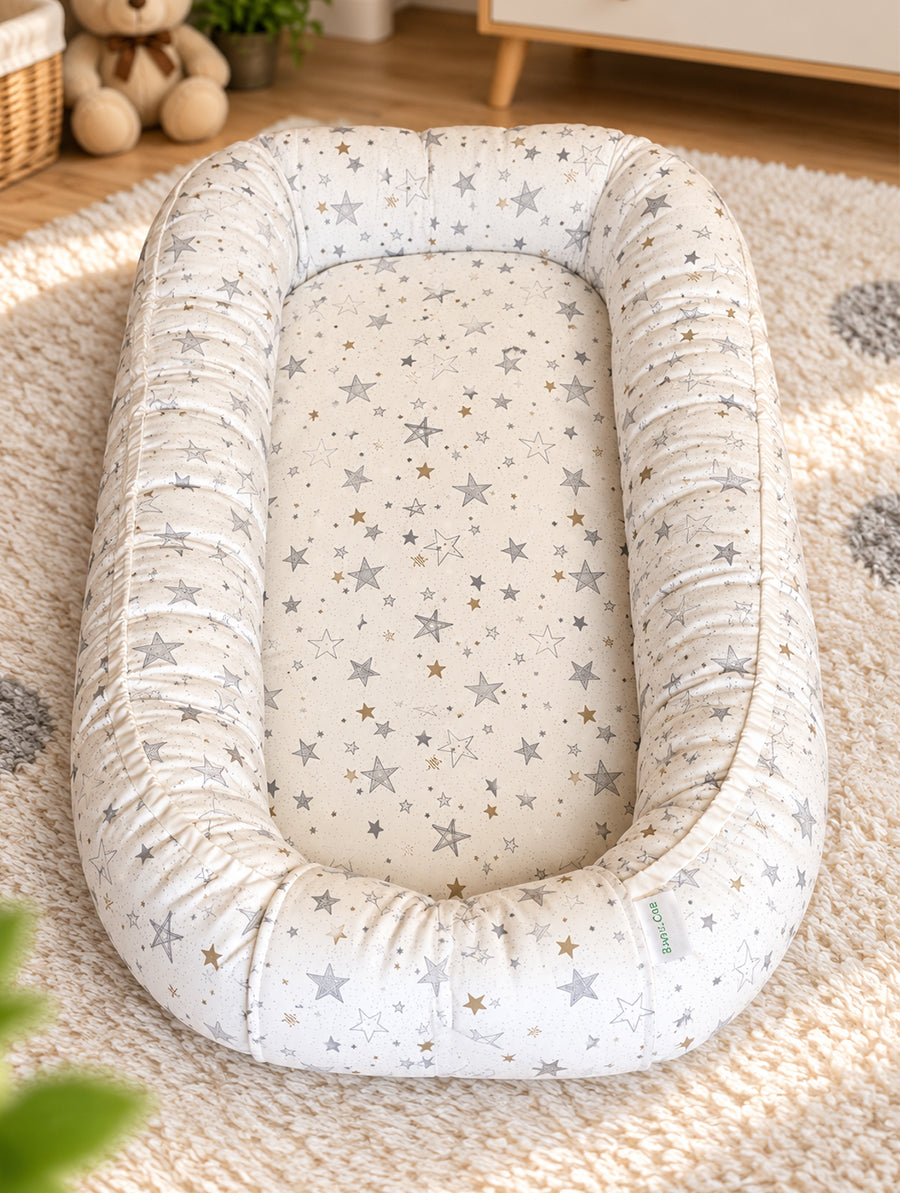 Premium Organic Cotton Multipurpose Baby Nest – Newborn Baby Lounger & Baby Bed | Grey & Gold Star Print | Ziva Collected | Carefully Selected for Your Little One