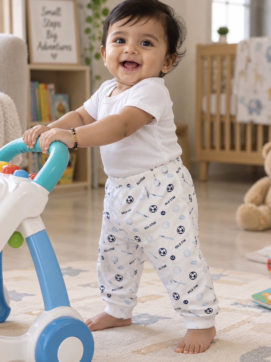 Baby Knitted Cotton Pants Combo – Pack of 3 | Assorted All-Star Sports Print & Baby Blue | 9–12 Months | Ziva Collected | Carefully Selected for Your Little One