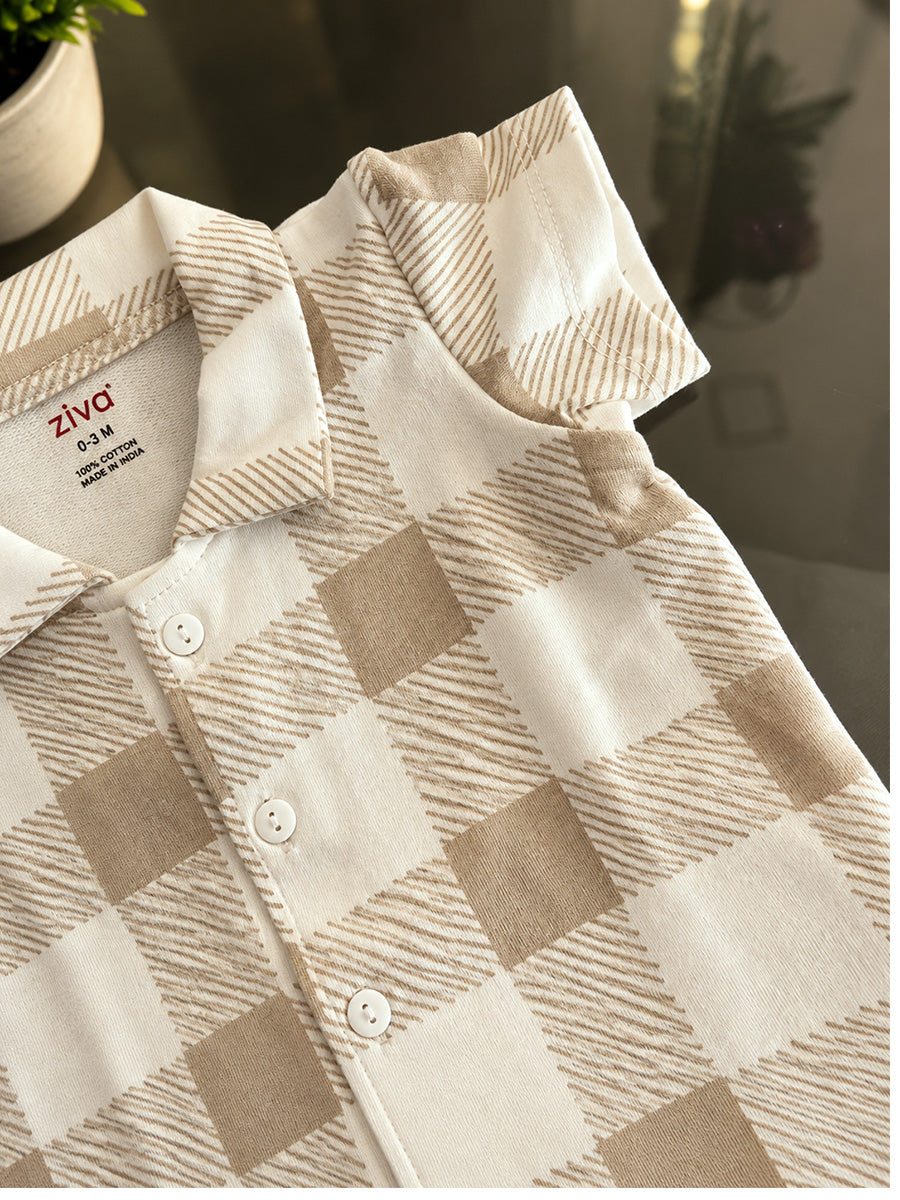 Ziva Premium Knitted Cotton Baby Co-Ord Set – Collar Neck Shirt & Elastic Waist Shorts | Cream & Grey Gingham Print