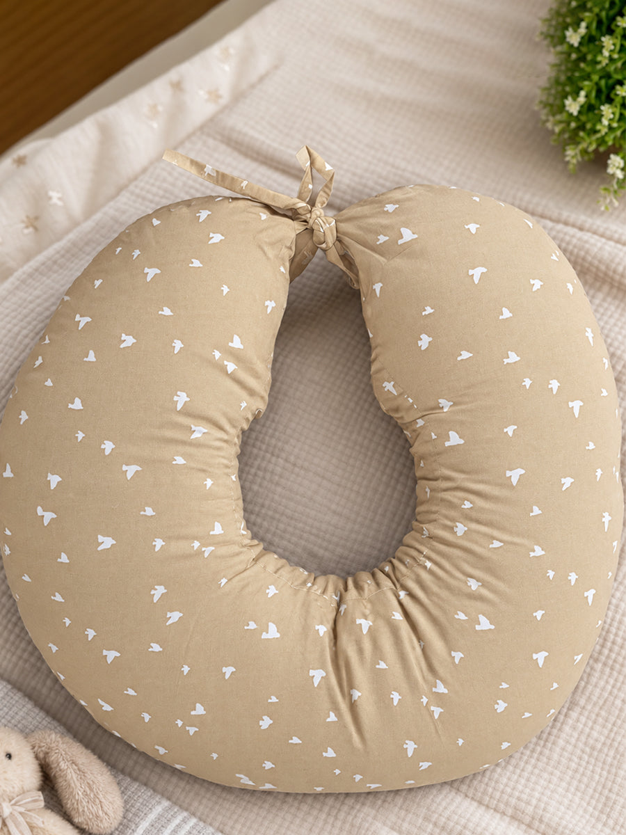 Ziva Multipurpose Feeding Pillow – Warm Beige with White Bird Print | 100% Cotton Cover | Removable & Washable