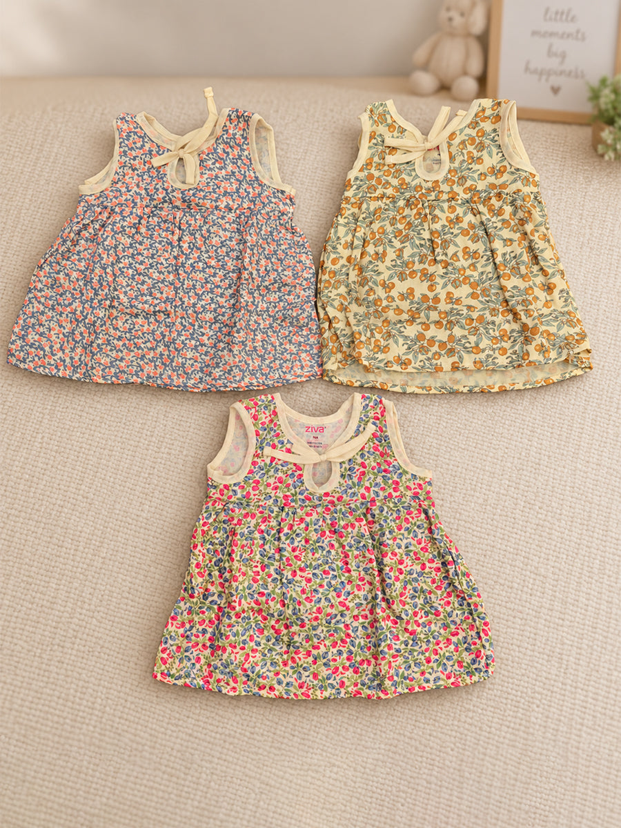 Ziva Muslin Baby Girl Front Knot Tie Frock – Pack of 3 | Premium Cotton Muslin | Assorted Botanical Prints (Print Details: Check Product Description)