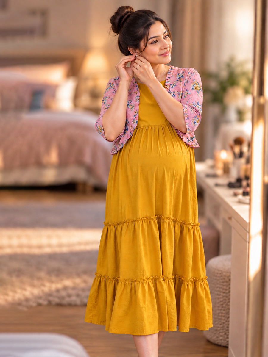 Ziva Maternity & Feeding Sleeveless Dress with Frill-Detail Floral Jacket | Dark Orange Yellow & Pink Multicolour Floral