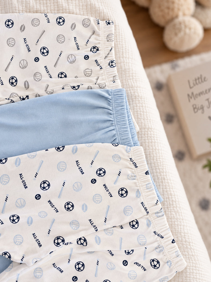 Baby Knitted Cotton Pants Combo – Pack of 3 | Assorted All-Star Sports Print & Baby Blue | 9–12 Months | Ziva Collected | Carefully Selected for Your Little One