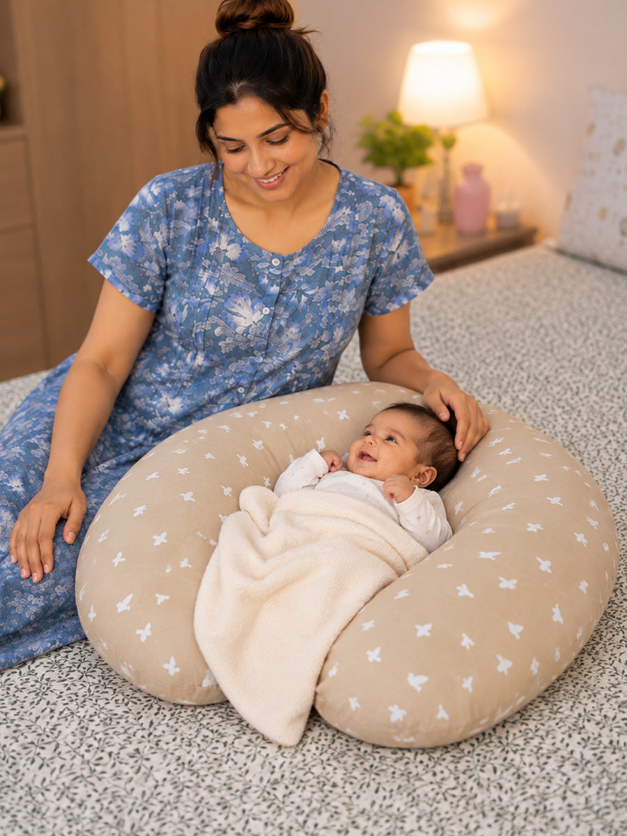 Ziva Multipurpose Feeding Pillow – Warm Beige with White Bird Print | 100% Cotton Cover | Removable & Washable