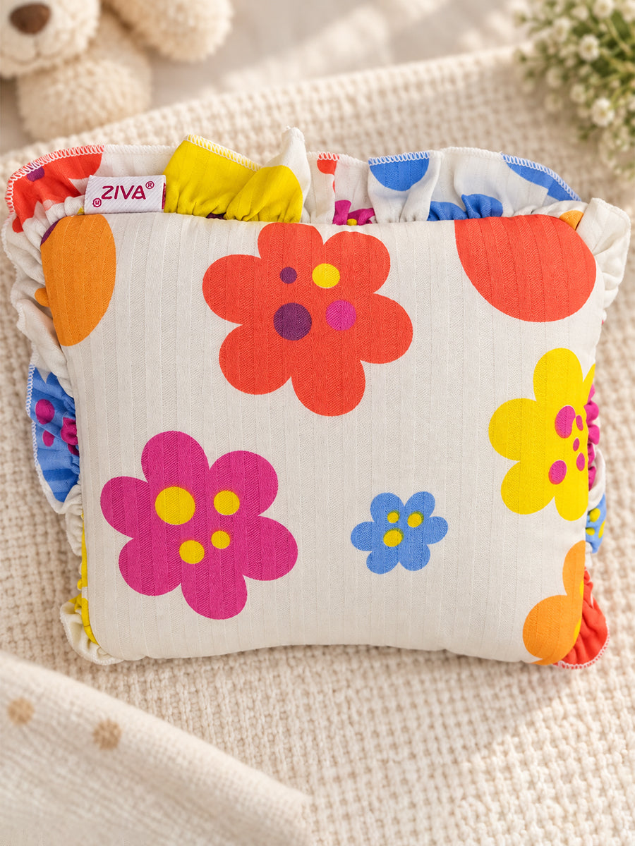Ziva Baby Pillow with Cotton Cloth Cover – Multicolour Floral Print | Side Frill Detail | Lightweight Soft-Filled Inner Cushion
