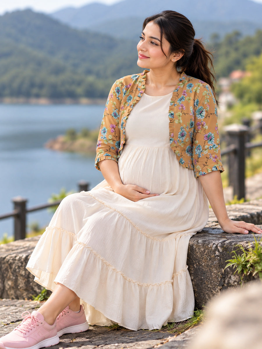 Ziva Maternity & Feeding Sleeveless Dress with Frill-Detail Floral Jacket | Off-White & Caramel Mustard Floral