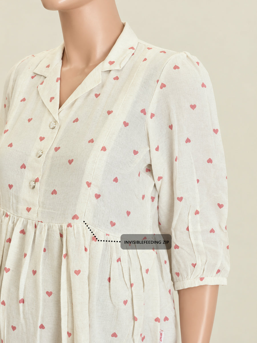 Ziva Premium Viscose Linen Maternity & Feeding Dress with Notched Collar, Concealed Zips & Side Pocket | Soft Cream Dusty Rose Heart Print