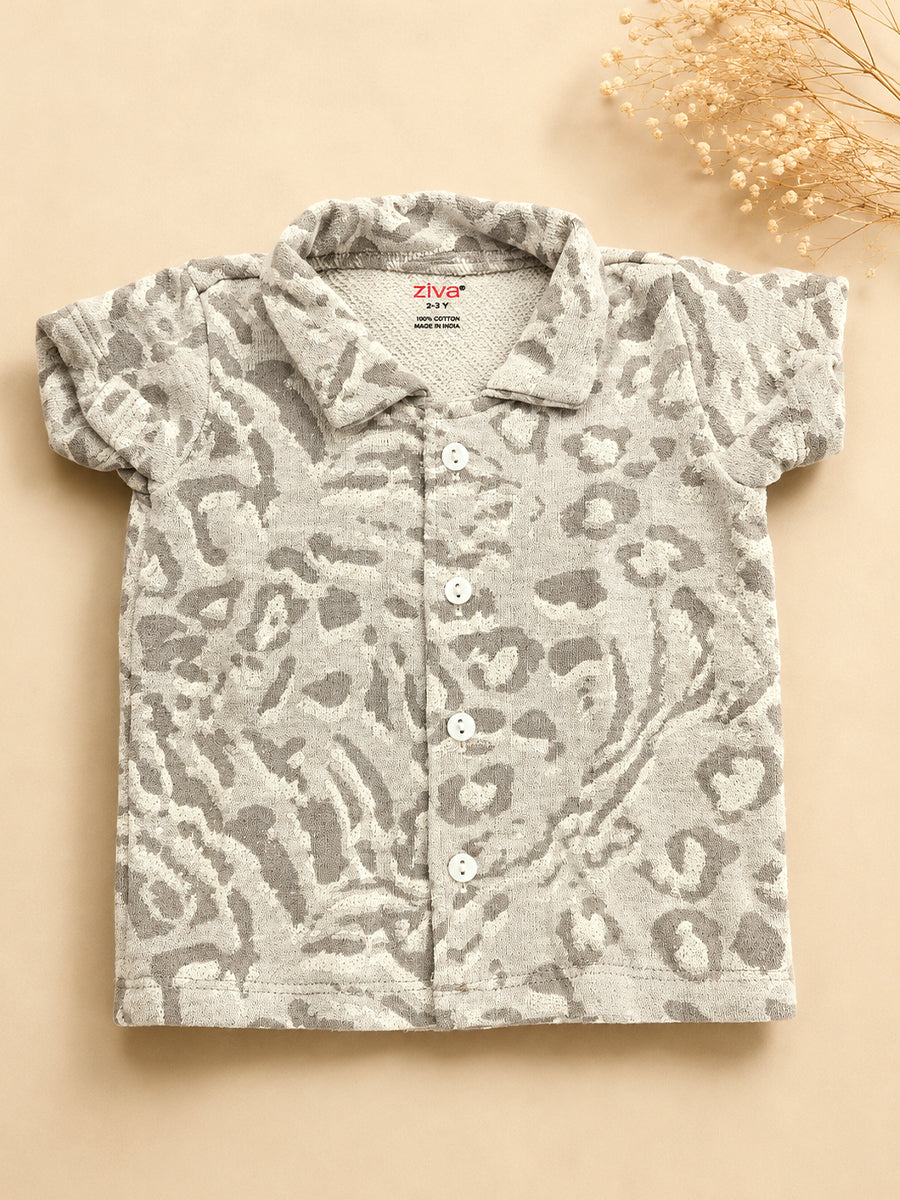 Ziva Premium Knitted Cotton Baby Co-Ord Set – Collar Neck Shirt & Elastic Waist Shorts | Dark Grey Abstract Animal Print