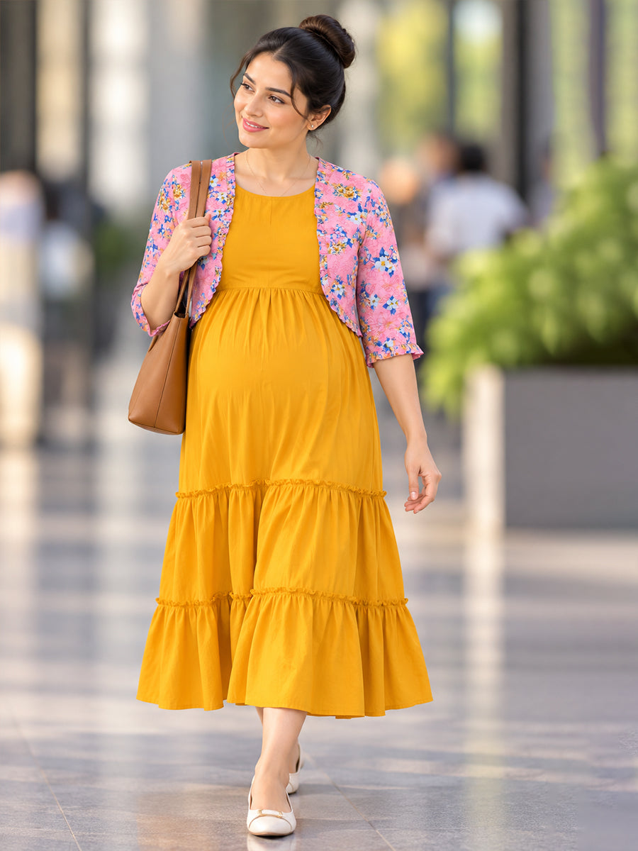 Ziva Maternity & Feeding Sleeveless Dress with Frill-Detail Floral Jacket | Dark Orange Yellow & Pink Multicolour Floral