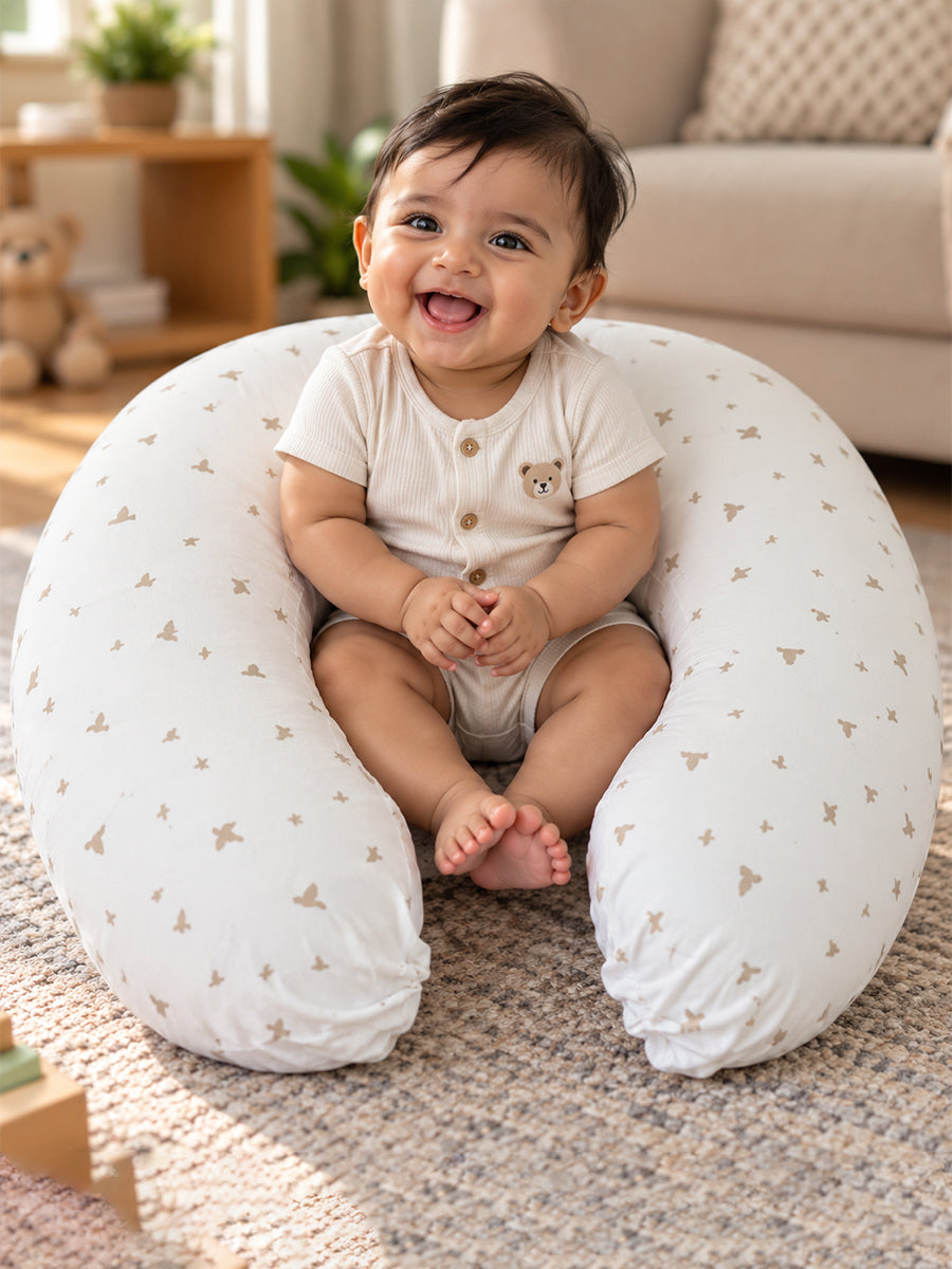 Ziva Multipurpose Feeding Pillow – White with Warm Beige Bird Print | 100% Cotton Cover | Removable & Washable