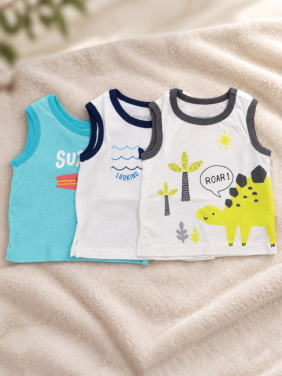 Baby Cotton Sleeveless T-Shirt Combo – Pack of 3 | Assorted Printed Tops | 3–6 Months| Ziva Collected | Carefully Selected for Your Little One