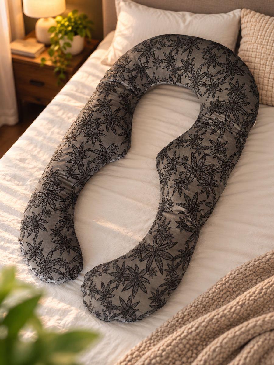 Ziva Multipurpose Pregnancy Pillow / Maternity Pillow / Body Pillow – U Shape – Grey & Black Botanical Leaf Print | Velvet Fabric