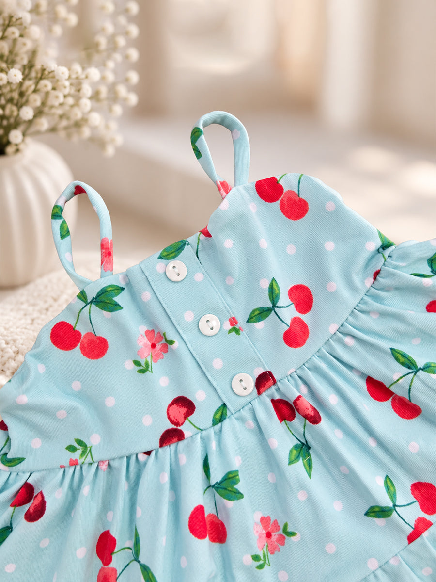 Ziva Baby Girl Strappy Frock with Pantie – Aqua Blue Cherry Print | Premium Knitted Cotton | Layered Frill & Front Buttons | 2-Piece Set