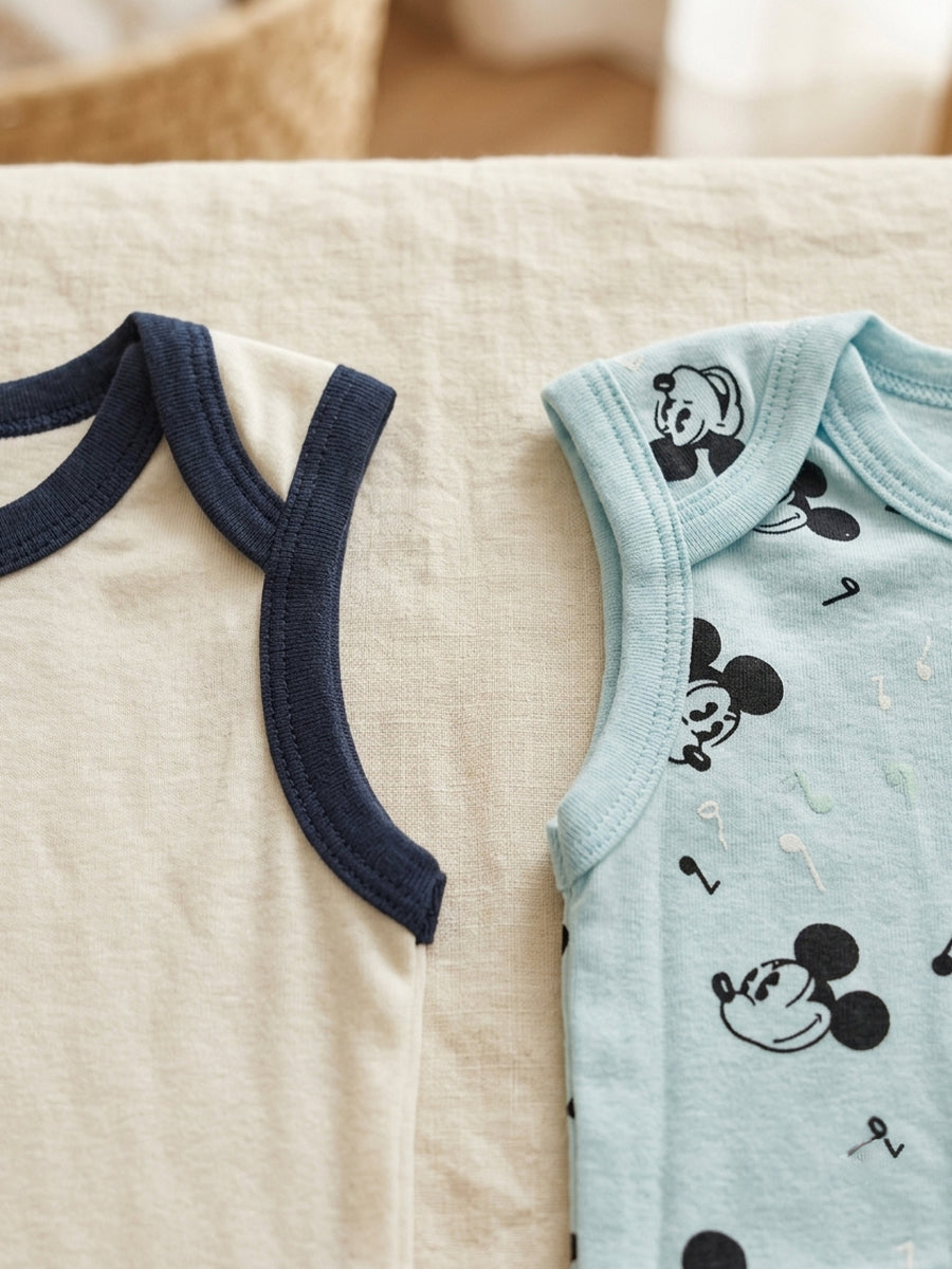 Baby Knitted Cotton Sleeveless Romper Combo ,Pack of 2– Assorted Cartoon Prints | Bottom Press-Button Opening | Ziva Collected | Carefully Selected for Your Little One