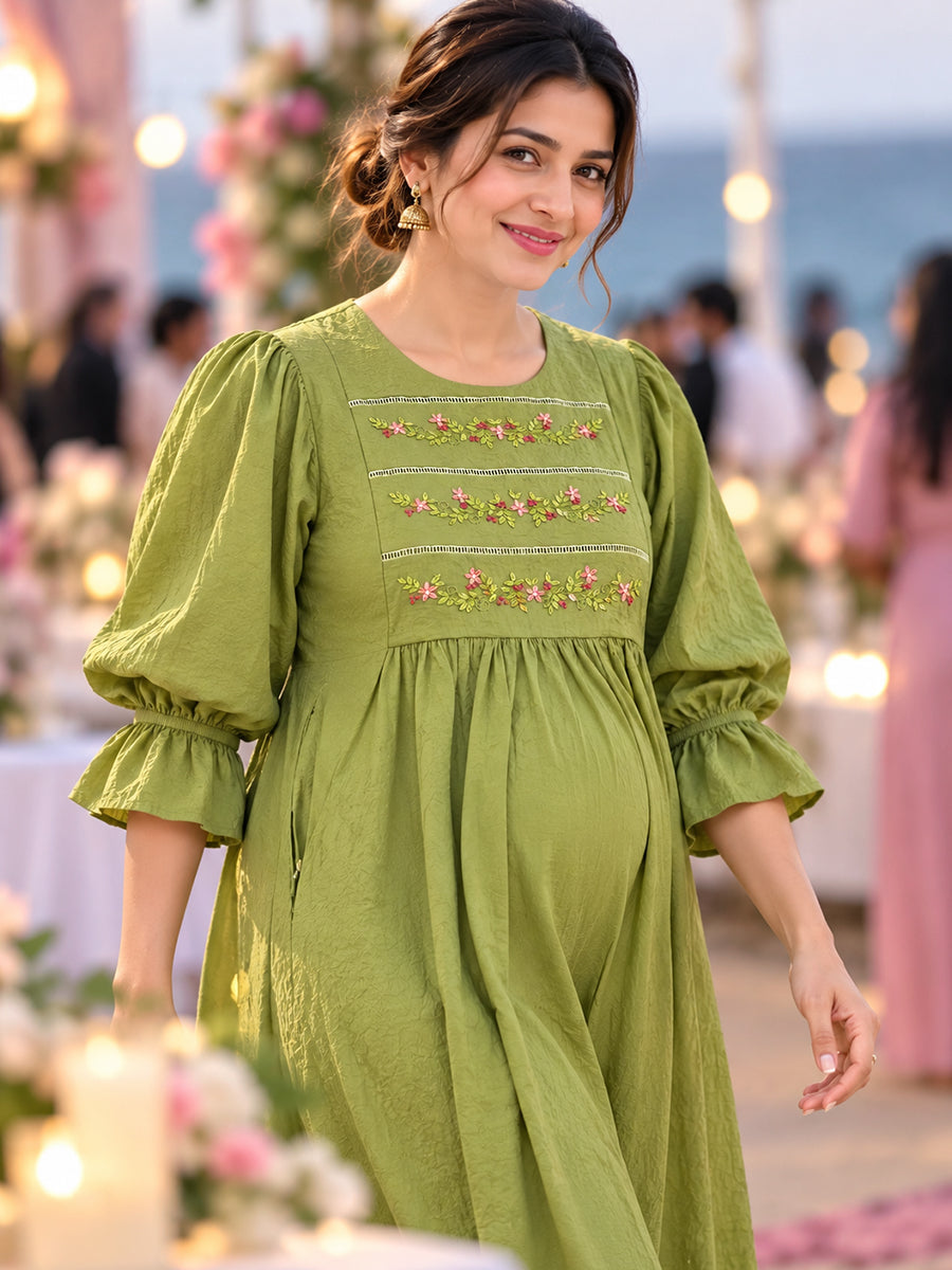 Ziva Premium Crinkle Viscose Maternity & Feeding Occasion Dress with Hand-Embroidered Yoke & Adjustable Puff Sleeves | Olive Green