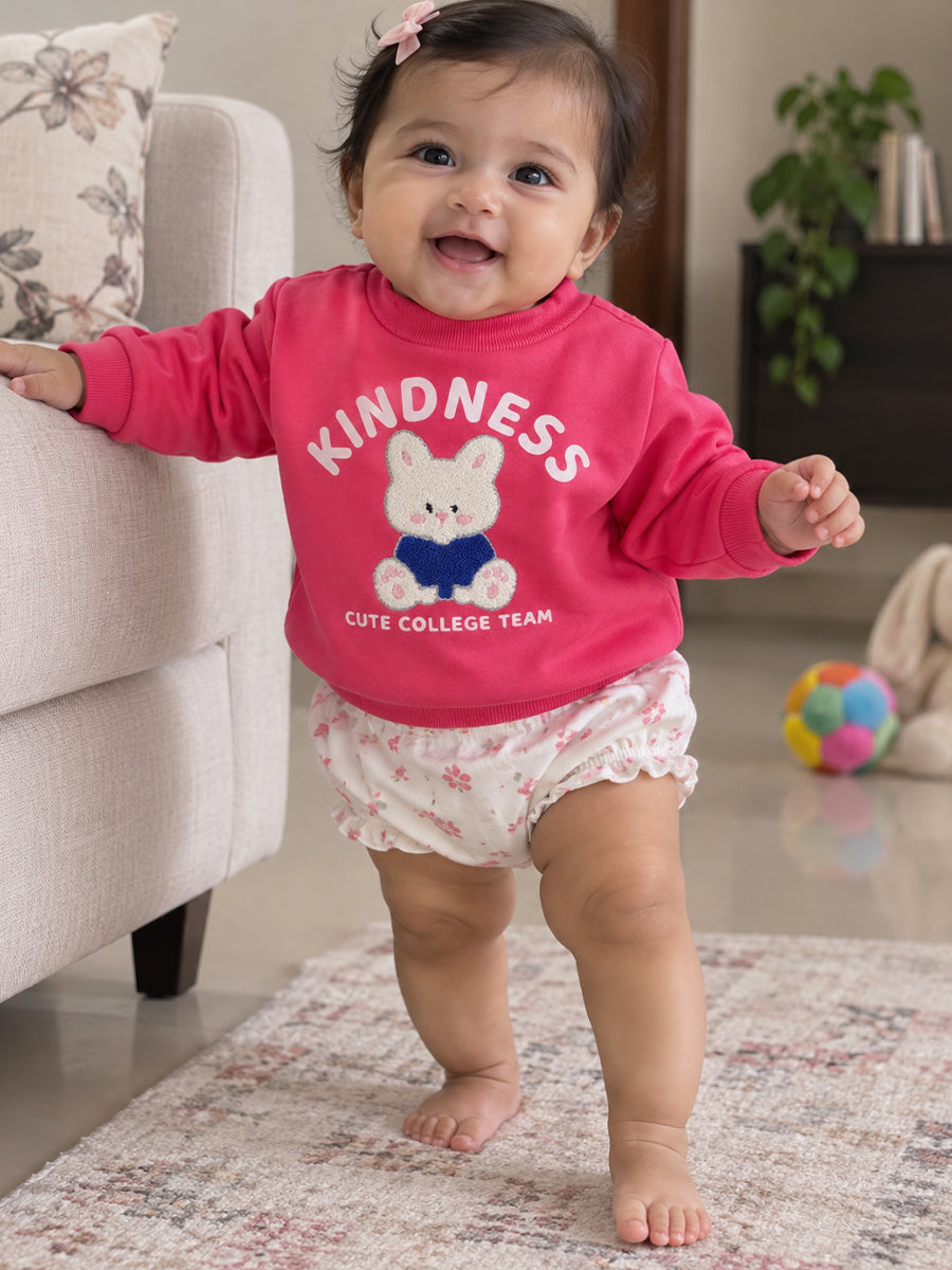 Baby Girls Knitted Cotton Bunny Sweatshirt – Pink | Cute 3D Bunny Appliqué Detail | 3 months to 3 years |Ziva Collected | Carefully Selected for Your Little One