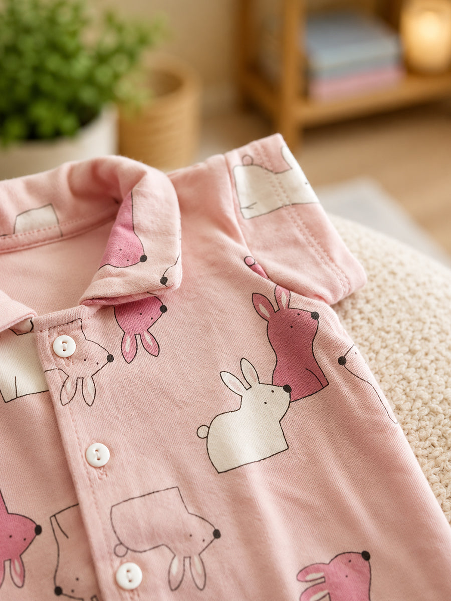 Ziva Premium Knitted Cotton Baby Co-Ord Set – Collar Neck Shirt & Elastic Waist Shorts | Dusty Rose | Bunny Rabbit Print