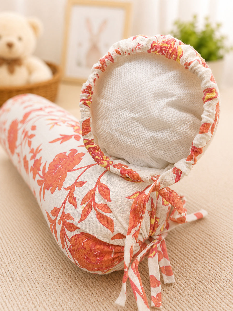 Ziva Baby Side Pillow (Bolster Pillow) | Multipurpose | Cotton Cover | Coral Botanical Bloom Print