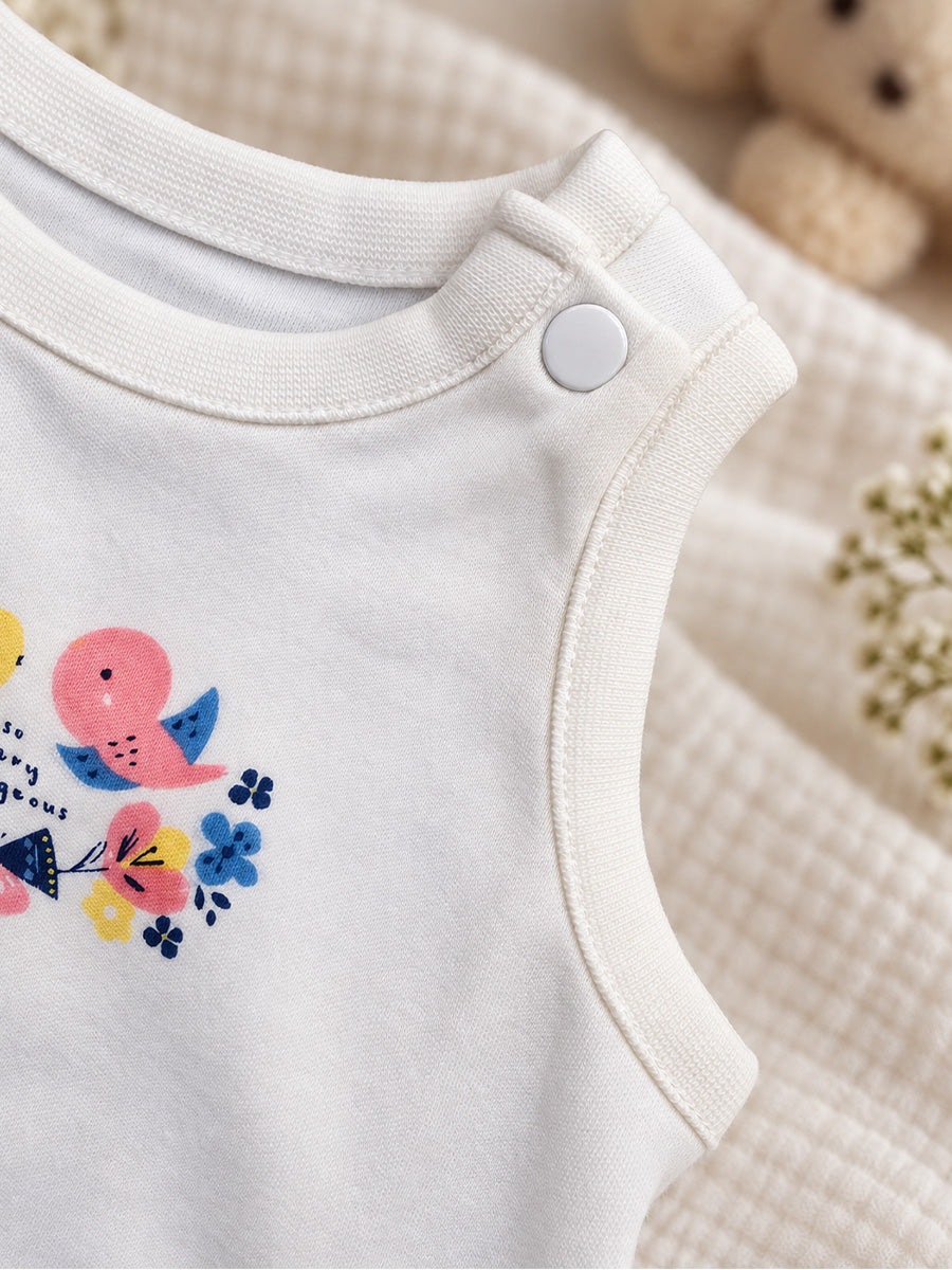Baby Girls Cotton Sleeveless T-Shirt Combo – Pack of 3 | Assorted Prints | Shoulder Press Buttons | Ziva Collected | Carefully Selected for Your Little One