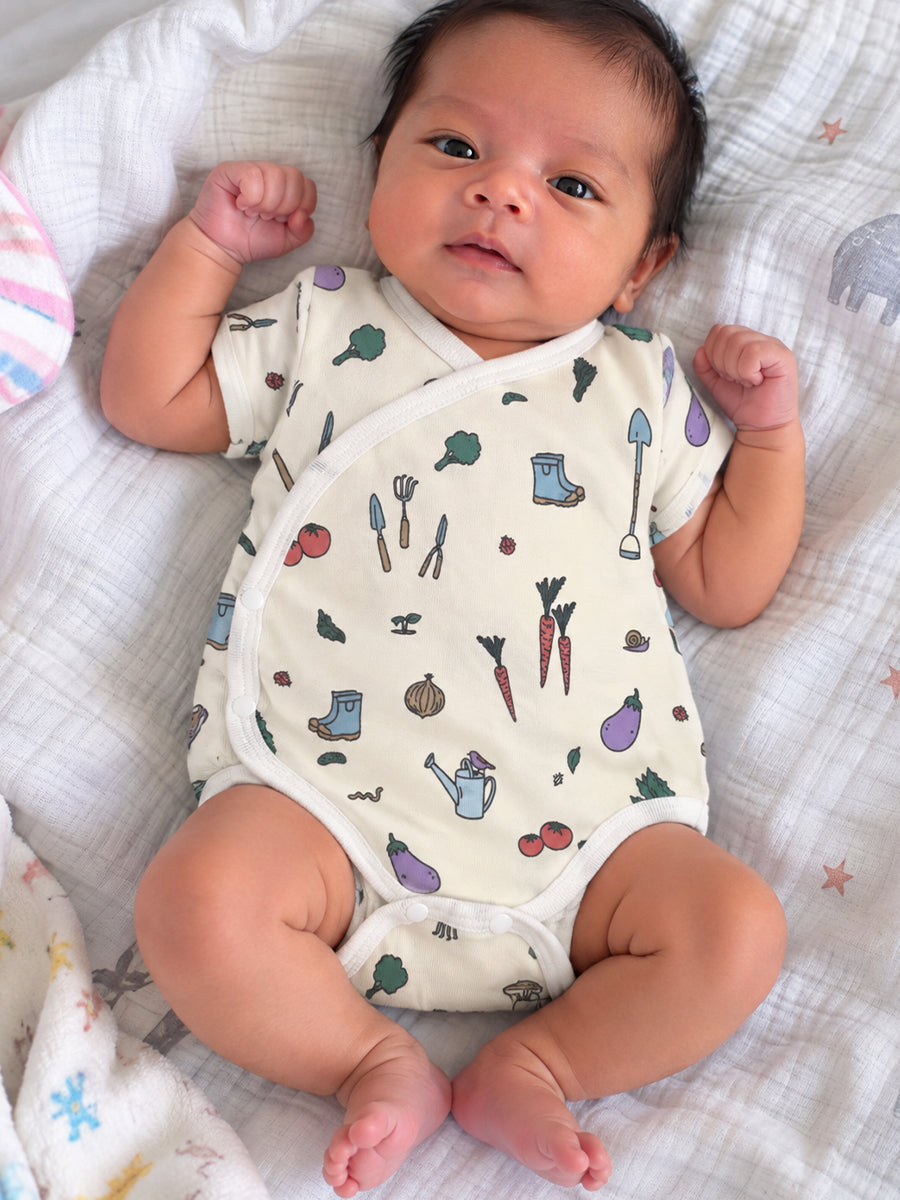 Ziva Baby Premium Knitted Cotton Overlap Romper – Pack of 3 | Baby Blue Teddy Bear, Cream Tiny Mouse & Garden Vegetable Assorted Prints