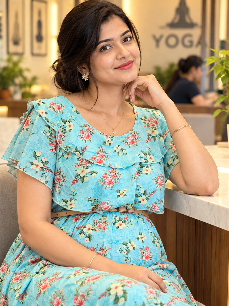 Ziva Maternity & Feeding Ruffle Overlay Dress with Concealed Zips & Pockets | Soft Aqua Blue Floral