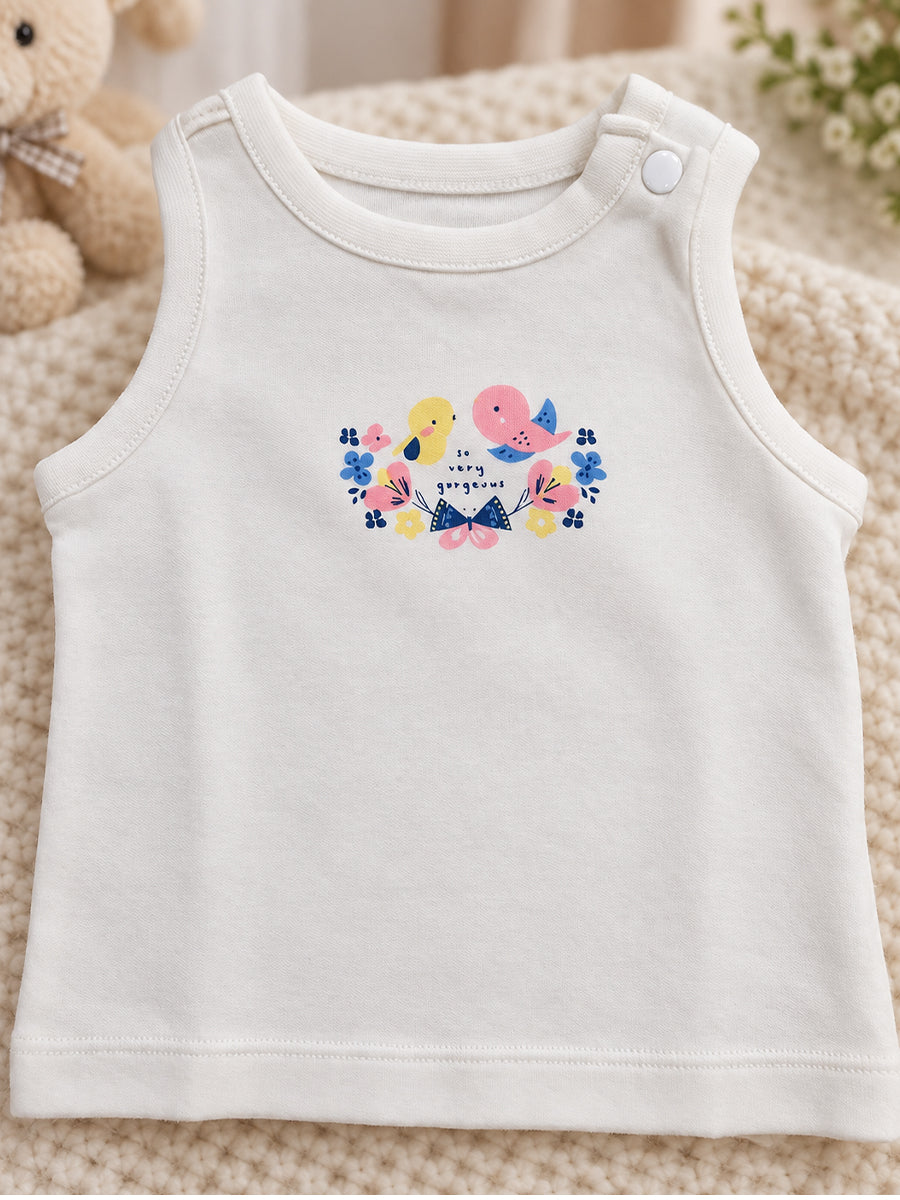Baby Girls Cotton Sleeveless T-Shirt Combo – Pack of 3 | Assorted Prints | Shoulder Press Buttons | Ziva Collected | Carefully Selected for Your Little One