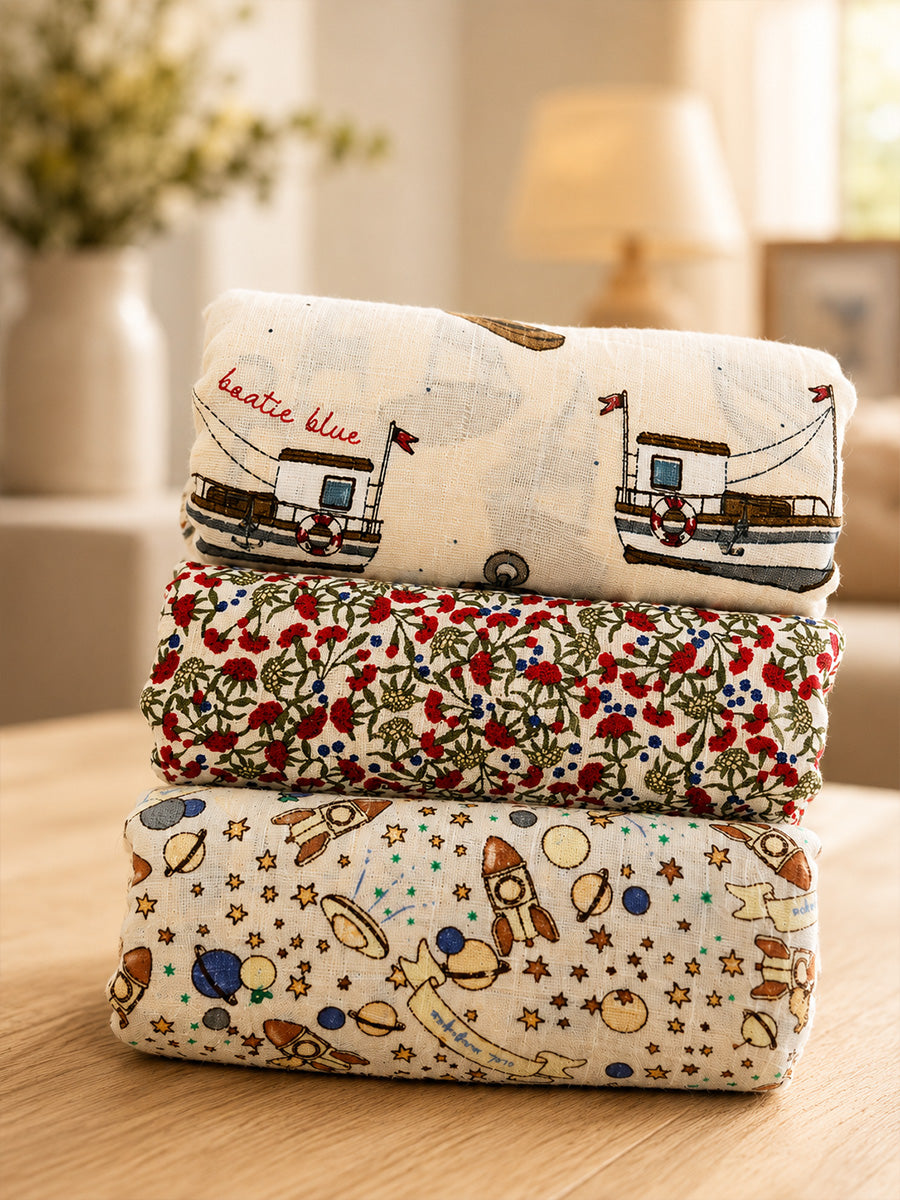Ziva Premium Cotton Muslin Cloth – 3 Pieces | 100 × 100 cm Extra Large | Soft, Breathable & Multipurpose | Assorted Prints | Print Included: Wildflower Meadow Print