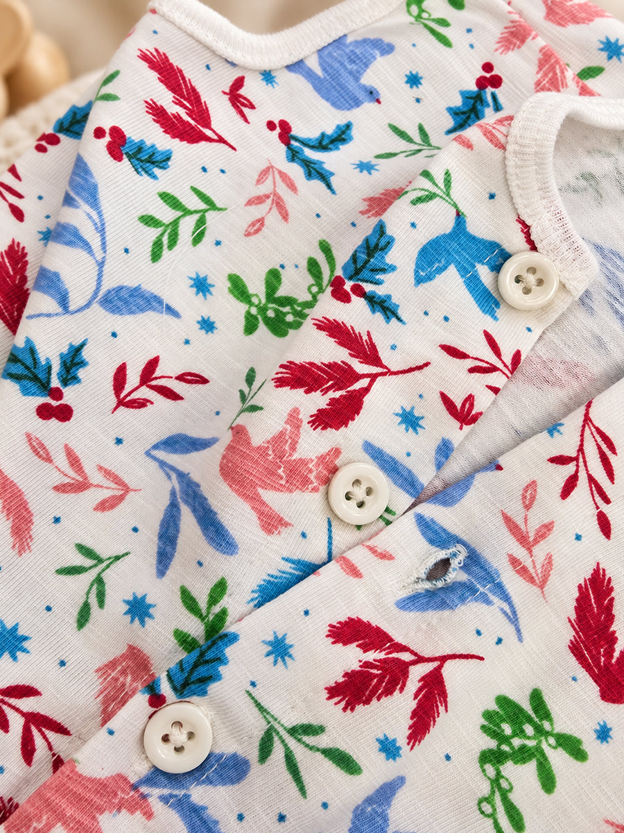 Ziva Baby Playsuit Romper – Multicolour Botanical Bird Print | Knitted Cotton | Sleeveless | Full Front Button Open