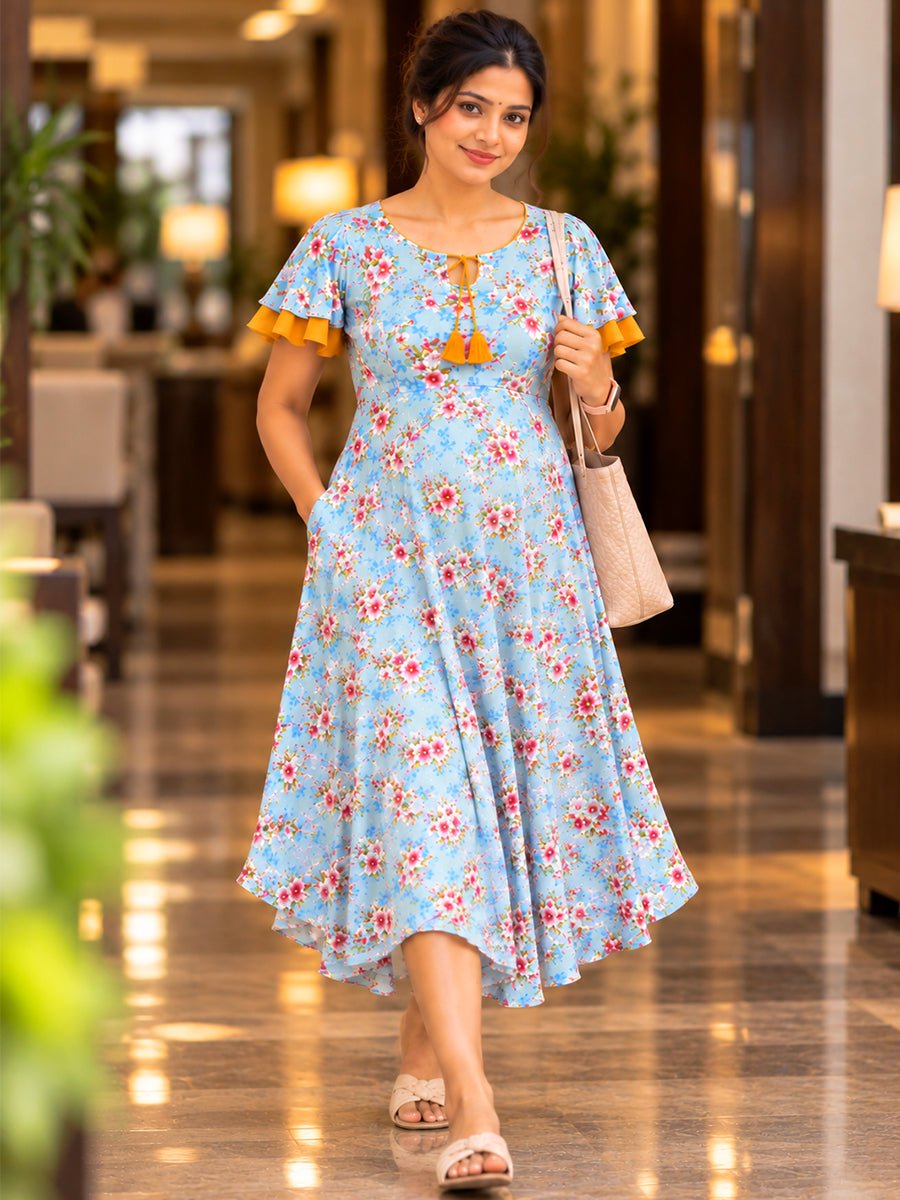 Ziva Maternity & Feeding Dress – Premium Soft Rayon – Umbrella Cut, Double-Layer Circular Sleeves | Light Aqua Blue Floral