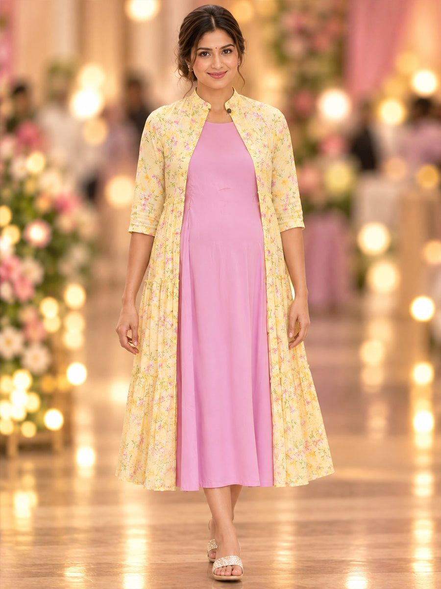 Ziva Maternity & Feeding Sleeveless Dress with Versatile Floral Tiered Jacket – 3 Ways to Wear | Soft Lilac Pink & Pale Lemon Yellow Floral