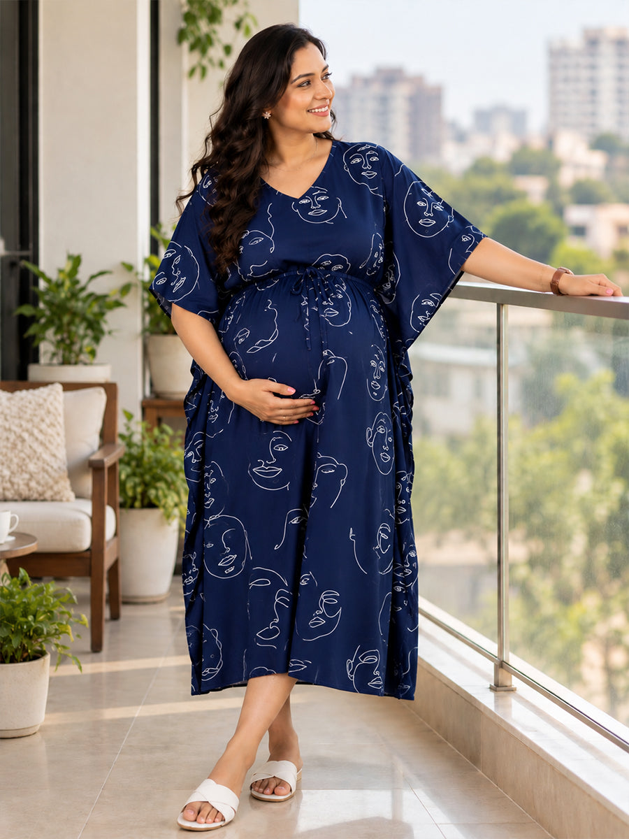 Ziva Maternity & Feeding Rayon Kaftan – Concealed Feeding Zips & Waist Adjustable Tie |Dark  Navy Blue Abstract Face Line Art Print