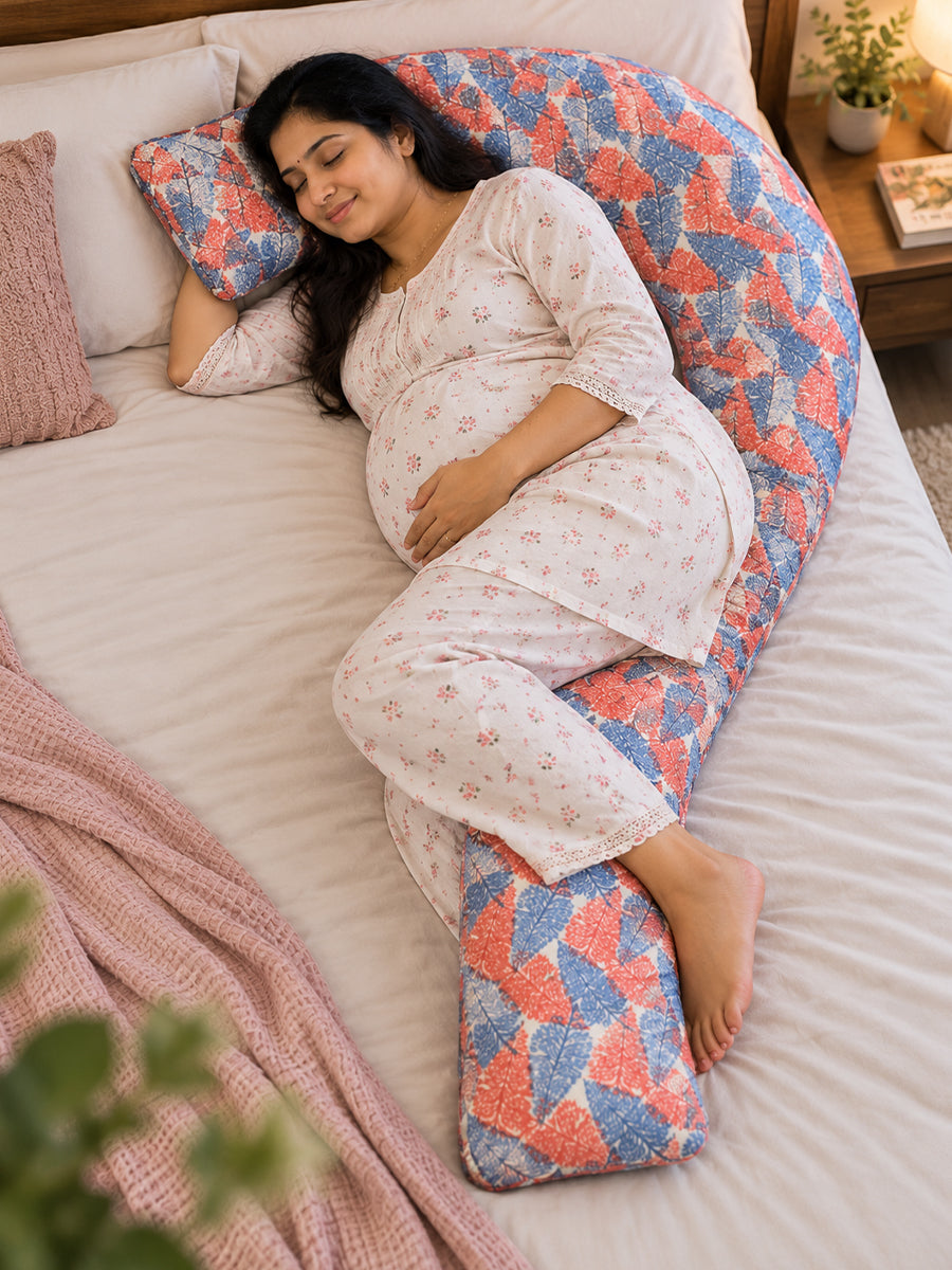 Ziva Multipurpose Pregnancy Pillow / Maternity Pillow / Body Pillow – 7 Shape (J Shape) – Red & Blue Leaf Print | 100% Cotton