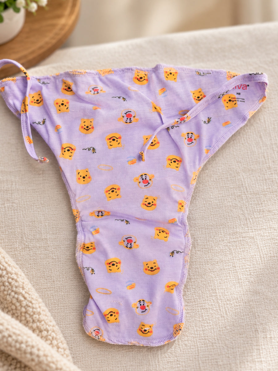 Ziva Newborn Knitted Cotton Front Open Tie Jabla with Light Padded Tie Nappy – Light Lilac Bear Print | 1 Jabla + 1 Nappy