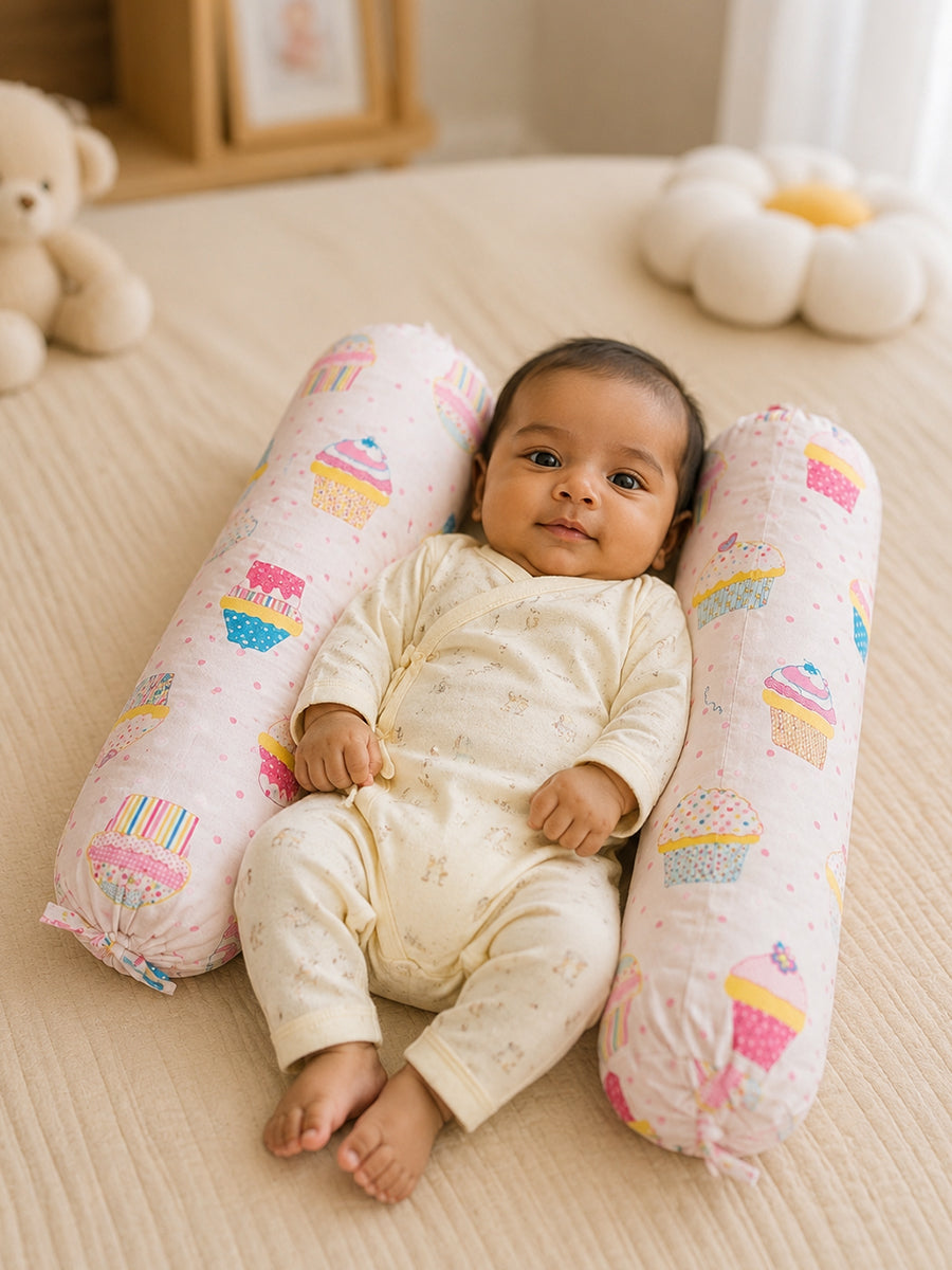 Ziva Baby Side Pillow (Bolster Pillow) | Multipurpose | Cotton Cover | Patchwork Cupcake Print
