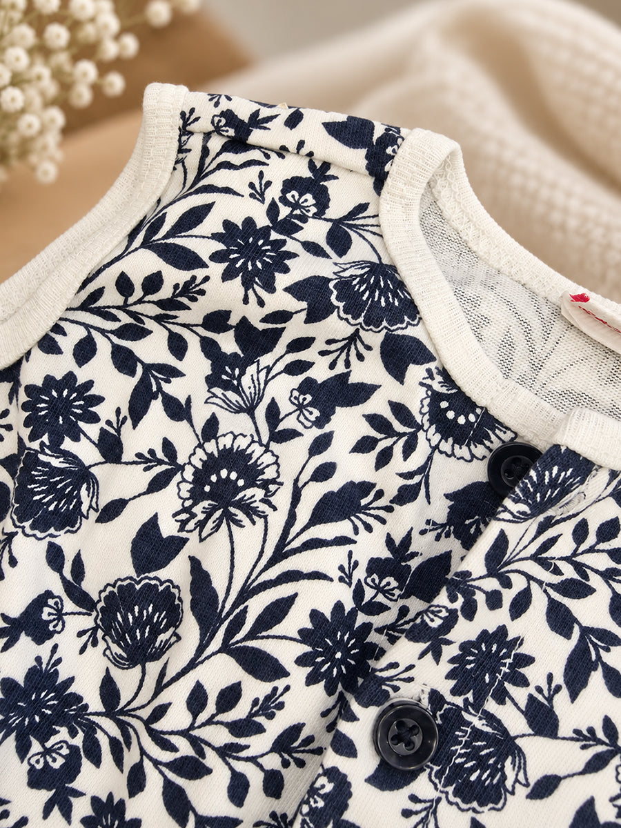 Ziva Baby Playsuit Romper – Blue Tropical Leaf Print | Knitted Cotton | Front Button Open | Elasticated Waist